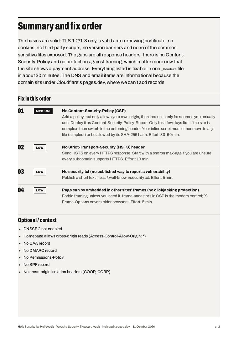 Sample security report page 2, summary and fix order