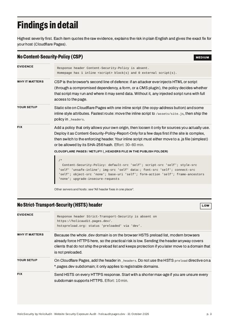 Sample security report page 3, finding detail with evidence and fix snippets